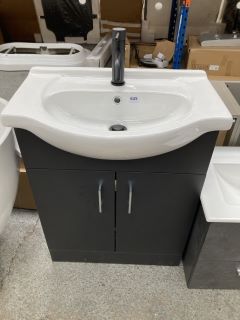 (COLLECTION ONLY) FLOOR STANDING 2 DOOR SEMI RECESSED SINK UNIT IN GRAPHITE WITH A 640 X 430MM 1TH CERAMIC BASIN COMPLETE WITH A BLACK MONO BASIN MIXER TAP & SPRUNG WASTE - RRP £735: LOCATION - C5