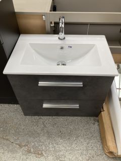 (COLLECTION ONLY) WALL HUNG 2 DRAWER SINK UNIT IN GREY STONE WITH A 61 0 X 400MM 1TH CERAMIC BASIN COMPLETE WITH A MONO BASIN MIXER TAP & CHROME SPRUNG WASTE - RRP £735: LOCATION - C5