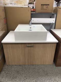 (COLLECTION ONLY) DURAVIT WALL HUNG 1 DRAWER COUNTERTOP SINK UNIT IN OAK & WHITE 800 X 510MM WITH A 1TH CERAMIC BASIN COMPLETE WITH A MONO BASIN MIXER TAP & CHROME SPRUNG WASTE - RRP £989: LOCATION -