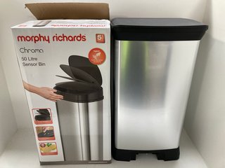 MORPHY RICHARDS CHROMA 50 LITRE SENSOR BIN IN CHROME TO ALSO INCLUDE CURVER DECO 20 LITRE RECTANGULAR BIN IN SILVER: LOCATION - WH8