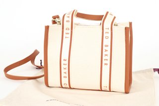 TED BAKER GEORJEA BRANDED WEBBING CANVAS SMALL TOTE IN NATURAL - RRP £110: LOCATION - BOOTH