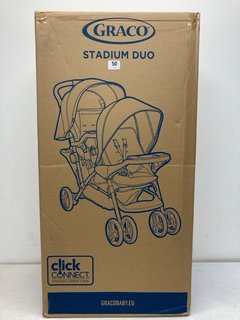 GRACO STADIUM DUO STROLLER/CAR-SEAT/BASE TANDEM DOUBLE PUSHCHAIR IN BLACK/GREY (SEALED) - RRP £159: LOCATION - BOOTH