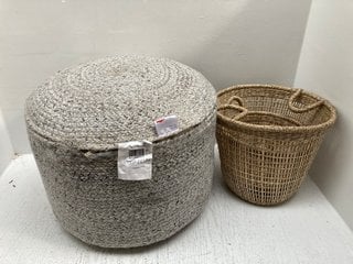 JOHN LEWIS & PARTNERS OUTDOOR BRAIDED POUFFE IN GREY TO ALSO INCLUDE JOHN LEWIS & PARTNERS SET OF 2 WICKER STORAGE BASKETS IN NATURAL: LOCATION - G4