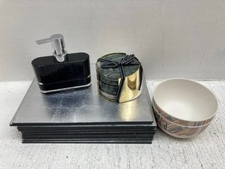 QTY OF ASSORTED JOHN LEWIS & PARTNERS ITEMS TO INCLUDE SET OF 5 GREEN MARBLE COASTERS IN HOLDER: LOCATION - G9