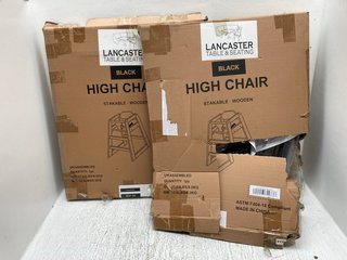 2 X LANCASTER WOODEN STACKABLE HIGH CHAIRS IN BLACK: LOCATION - G14