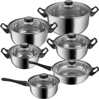 SET OF STAINLESS STEEL POTS & PANS WITH GLASS LIDS: LOCATION - BR12