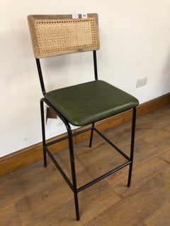 NKUKU ISWA LEATHER & CANE COUNTER CHAIR IN RICH GREEN RRP - £325: LOCATION - A2