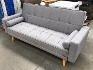 GREY FABRIC CLICK CLACK SOFA BED WITH LIGHT WOODEN LEGS & PIPING DETAIL: LOCATION - B7