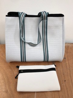 2 X CHUCHKA WHITNEY NEOPRENE TOTE BAGS IN WHITE - COMBINED RRP £186: LOCATION - D2
