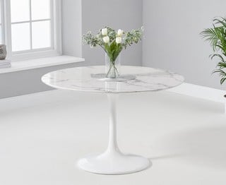 BRIGHTON 120CM DIAMETER ROUND MARBLE DINING TABLE IN WHITE MARBLE AND GLOSS WHITE BASE FINISH: LOCATION - C4