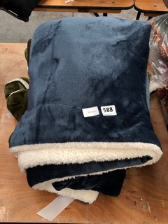 2 X OLIVER RUBEN FINE INTERIORS FLANNEL SHERPA THROWS IN NAVY BLUE AND GREEN: LOCATION - A3T