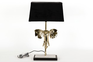 LARGE ORNATE TABLE LAMP IN POLISHED BRASS ELEPHANT DESIGN WITH BLACK AND WHITE MARBLE BASE AND BLACK PLUSH VELVET SHADE: LOCATION - A2
