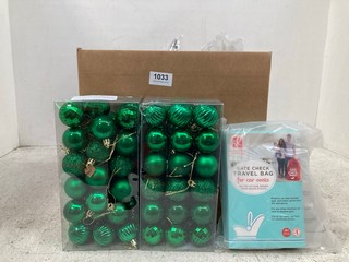 QTY OF ASSORTED HOUSEHOLD ITEMS TO INCLUDE GREEN CHRISTMAS TREE DECORATION SET: LOCATION - F0