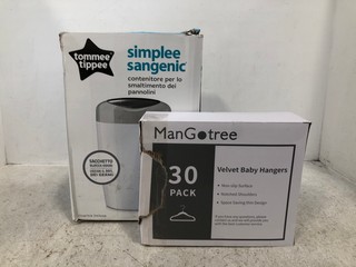 TOMMEE TIPPEE SIMPLEE SANGENIC NAPPY WASTE DISPOSAL BIN TO INCLUDE VELVET BABY COAT HANGERS: LOCATION - H3