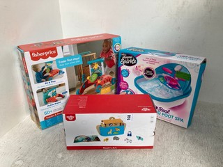 3 X CHILDREN'S TOY ITEMS TO INCLUDE TOOKY TOY NOAH'S ARK, SHIMMER N' SPARKLE 6-IN-1 FOOT MASSAGER SPA AND FISHER-PRICE 2-SIDED STEADY SPEED WALKER: LOCATION - E6