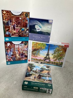 5 X ASSORTED PUZZLES TO INCLUDE CRASHING WAVE 1000 PIECE PUZZLE AND EIFFEL TOWER 500 PIECE PUZZLE: LOCATION - E7