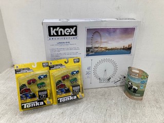 4 X CHILDREN'S TOYS TO INCLUDE TONKA TOY CAR PACK AND K'NEX ARCHITECTURE LONDON EYE KIT: LOCATION - E8