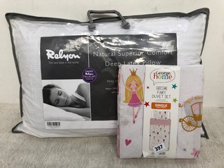 ROLYON NATURAL SUPERIOR COMFORT DEEP LATEX PILLOW TO INCLUDE GEORGE HOME FAIRY DUVET SET FOR SINGLE BED: LOCATION - E13