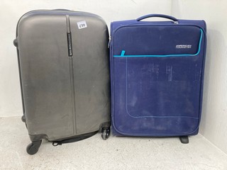 AMERICAN TOURISTER BLUE SUITCASE TO INCLUDE GABOL HARDSHELL SUITCASE IN GREY: LOCATION - E16