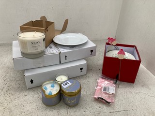 QTY OF ASSORTED HOUSEHOLD ITEMS TO INCLUDE 'RELAX!' SCENTED CANDLES AND LARGE 3-WICK CANDLE: LOCATION - E18