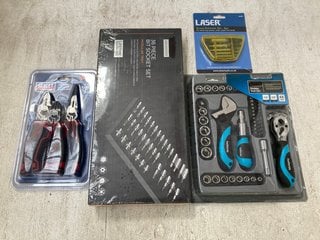 4 X ASSORTED ITEMS TO INCLUDE LASER SCREW EXTRACTOR SET, SEALEY 3 PC LEVERAGE PLIER SET, STUBBY TOOL SET & BIT SOCKET SET: LOCATION - AR1