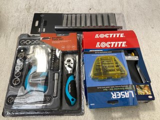 4 X ASSORTED ITEMS TO INCLUDE 3/8" DRIVE DEEP SOCKETS ON RAIL, SCREW EXTRACTOR SET, LOCTITE GLUE GUN & STUBBY TOOL SET: LOCATION - AR2