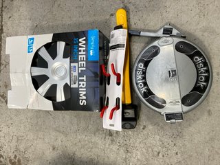 QTY OF ASSORTED ITEMS TO INCLUDE WHEEL TRIMS 15" & DISKLOK FULL FACE STEERING WHEEL LOCKS: LOCATION - AR4