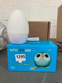 3 X ASSORTED ITEMS TO INCLUDE ECHO DOT KIDS BY ALEXA, GOOGLE NEST INDOOR CAMERA & SMALL COLOUR CHANGING TEMP MONITOR: LOCATION - BR4