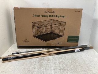 30" FOLDING METAL DOG CAGE TO INCLUDE SNOOKER/POOL CUES: LOCATION - BR8