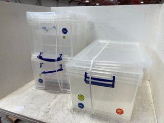 QTY OF LARGE STORAGE CLEAR PLASTIC BOXES WITH LIDS TO INCLUDE WHEEL STAND RACING STEERING WHEEL STAND: LOCATION - BR9