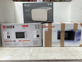 3 X ITEMS TO INCLUDE HADEN 20L MICROWAVE, SHARP MICROWAVE & SWAN 2 SLICE CREAM COLOURED TOASTER: LOCATION - BR10