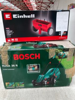 2 X ITEMS TO INCLUDE BOSCH ROTAK 36R TO INCLUDE EINHELL SEED PULL ALONG SPREADER: LOCATION - BR10