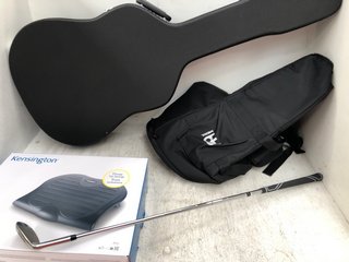 3 X ITEMS TO INCLUDE GUITAR BLACK HARD CASE, FABRIC INSTRUMENT CASE & SOLE SAVER DESK FOOT REST: LOCATION - BR11