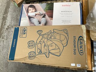 2 X ITEMS TO INCLUDE GRACO STADIUM DUO TWIN STROLLER ALSO TO INCLUDE BABYBJORN BOUNCER BLISS CHAIR: LOCATION - B3