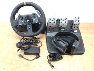 LOGITECH G920 RACING WHEEL AND PEDALS GAMING ACCESSORIES (ORIGINAL RRP - £400) IN BLACK AND SILVER: MODEL NO A10G01 (WHEEL, PEDALS, HEADPHONES, HEADPHONE WIRE AND POWER CABLE)  [JPTW16829]