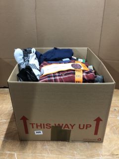 BOX OF ASSORTED MENS CLOTHES INC WEATHER PROOF SOCKS