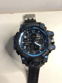 PRIMETIMES GOLIATH. MODEL PT1943. LIGHTWEIGHT ROBUST CHRONOGRAPHIC SPORT WATCH, 56MM DIAL, 18MM THICKNESS, BLACK FACE AND BLACK SILICONE STRAP, WITH BLUE DETAILING. DIGITAL TIME & DISPLAY, GREEN LIGH