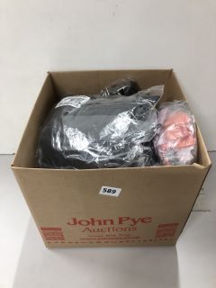 BOX OF ASSORTED CLOTHING ITEMS INC VARIOUS DESIGNS AND COLORS