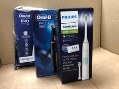 QTY OF ITEMS TO INCLUDE ORAL-B PRO 3 ELECTRIC TOOTHBRUSHES FOR ADULTS, FATHERS DAY GIFTS FOR HIM / HER, 1 CROSS ACTION TOOTHBRUSH HEAD & MONDRIAN TRAVEL CASE, 3 MODES WITH TEETH WHITENING, 2 PIN UK P