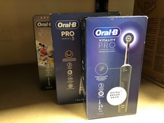 QTY OF ITEMS TO INCLUDE ORAL-B VITALITY PRO ELECTRIC TOOTHBRUSHES FOR ADULTS, 1 HANDLE, 2 TOOTHBRUSH HEADS, 3 BRUSHING MODES INCLUDING SENSITIVE PLUS, 2 PIN UK PLUG, BLACK: LOCATION - A