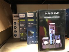 QTY OF ITEMS TO INCLUDE BARBERBOSS MEN'S 5 IN 1 GROOMING KIT, PRECISION TRIMMING FOR NOSE, EAR, HAIR, BEARD, AND BODY WITH 39 LENGTH SETTINGS, PRECISION CONTROL DIAL, USB RECHARGEABLE, 100% WATERPROO