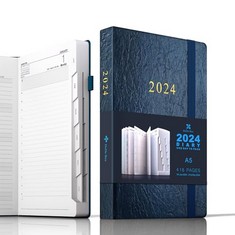 12 X DEDE BEE 2024 DIARY DAY TO PAGE A5 ACADEMIC DIARY PLANNER & MONTHLY PLAN TOTAL 416 PAGES, INNER POCKET, ELASTIC CLOSURE, HARD COVER BLUE - TOTAL RRP £109: LOCATION - D