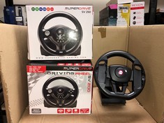 QTY OF ITEMS TO INCLUDE SUBSONIC SUPERDRIVE - RACING STEERING WHEEL DRIVING WHEEL SV250 WITH PEDALS AND SHIFT PADDLES FOR NINTENDO SWITCH - PS4 - XBOX ONE - PC: LOCATION - BACK BLACK RACK