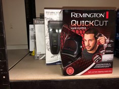 QTY OF ITEMS TO INCLUDE REMINGTON QUICK CUT HAIR CLIPPERS WITH CURVE CUT BLADE TECHNOLOGY FOR A CLEANER, MORE EVEN CUT, 9 GUIDE COMBS (1.5-15MM), GRADING, TAPERING & TRIMMING, UP TO 40 MIN USAGE, WAT