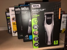 QTY OF ITEMS TO INCLUDE WAHL RAPID CLIP HAIR CLIPPER, HAIR CLIPPERS MEN, RECHARGEABLE CLIPPERS, LITHIUM-ION CLIPPER, MEN'S HEAD SHAVER, CORDLESS CLIPPERS MEN, HOME HAIRCUTTING KIT: LOCATION - BACK BL