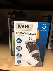 QTY OF ITEMS TO INCLUDE WAHL CORD/CORDLESS HAIR CLIPPER, RECHARGEABLE CORDLESS CLIPPERS, CLIPPER KIT FOR MEN, RINSEABLE BLADES, HOME HAIR CUTTING, CLIPPERS WITH GUIDE COMBS: LOCATION - A