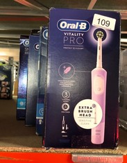 QTY OF ITEMS TO INCLUDE ORAL-B VITALITY PRO ELECTRIC TOOTHBRUSHES FOR ADULTS, GIFTS FOR HIM / HER, 1 HANDLE, 2 TOOTHBRUSH HEADS, 3 BRUSHING MODES INCLUDING SENSITIVE PLUS, 2 PIN UK PLUG, PURPLE: LOCA