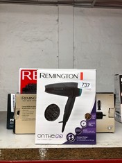 QTY OF ITEMS TO INCLUDE REMINGTON TRAVEL HAIRDRYER WITH FOLDING HANDLE - COMES WITH CONCENTRATOR & DIFFUSER, LIGHTWEIGHT & COMPACT DESIGN, DUAL VOLTAGE, WORLDWIDE, 2 HEAT & SPEED SETTINGS, 2000W, D15
