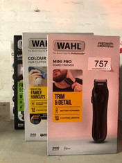 QTY OF ITEMS TO INCLUDE WAHL COLOUR PRO CORDED CLIPPER, HEAD SHAVER, MEN'S HAIR CLIPPERS, COLOUR CODED GUIDES, FAMILY AT HOME HAIRCUTTING: LOCATION - D RACK