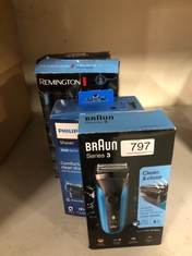 QTY OF ITEMS TO INCLUDE BRAUN SERIES 3 ELECTRIC SHAVER FOR MEN, WET & DRY, UK 2 PIN PLUG, 310, BLACK/BLUE RAZOR, RATED WHICH GREAT VALUE: LOCATION - BACK RACK